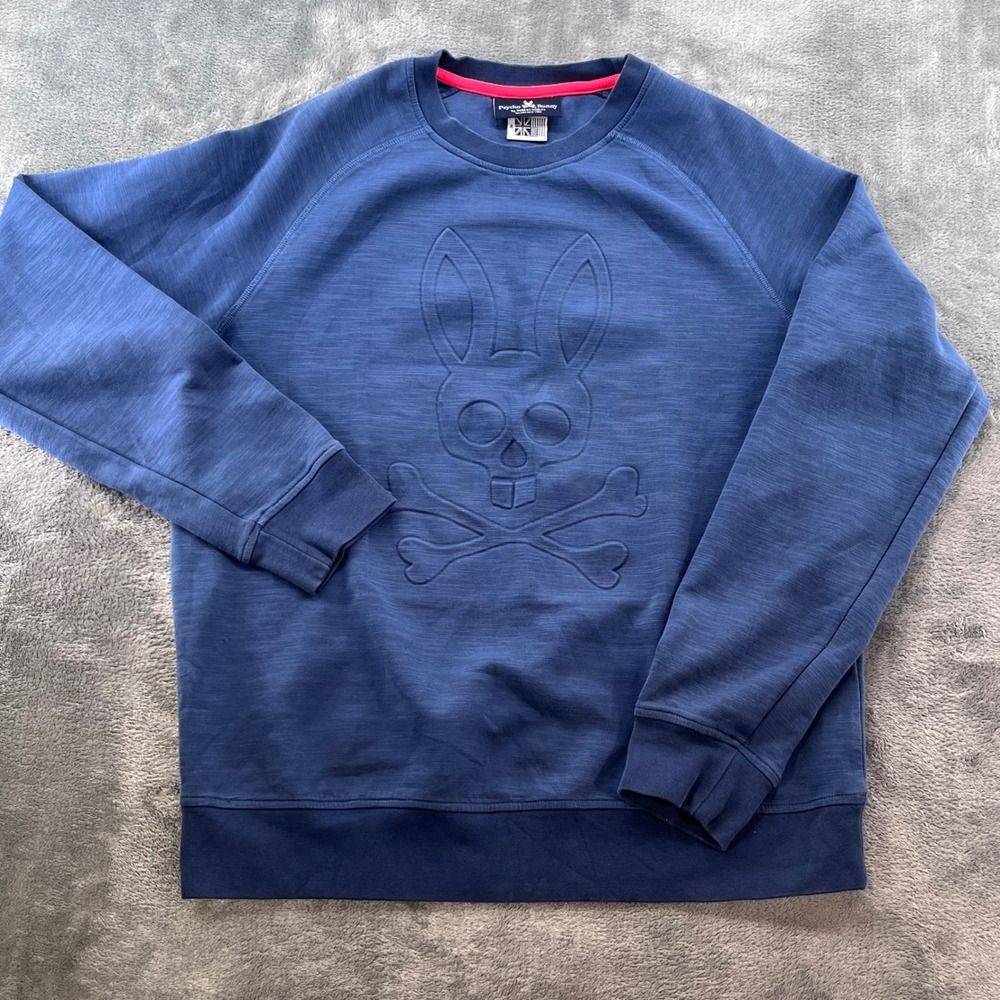 Psycho Bunny Mens Blue Embossed Bunny Skull Logo Crewneck Sweatshirt Size 4 M